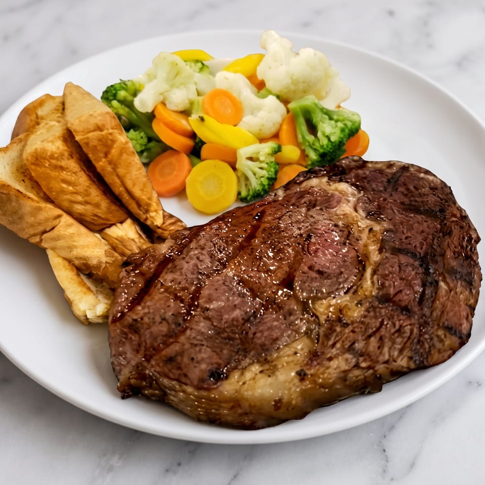 Grilled steak with grill marks, a side of golden fries, and mixed steamed vegetables on a white plate.