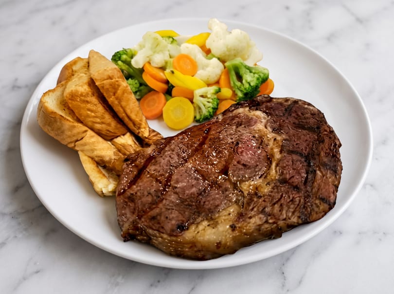 Grilled steak with grill marks, a side of golden fries, and mixed steamed vegetables on a white plate.