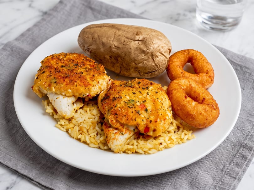 A plate of baked fish, rice, a baked potato, and two onion rings.