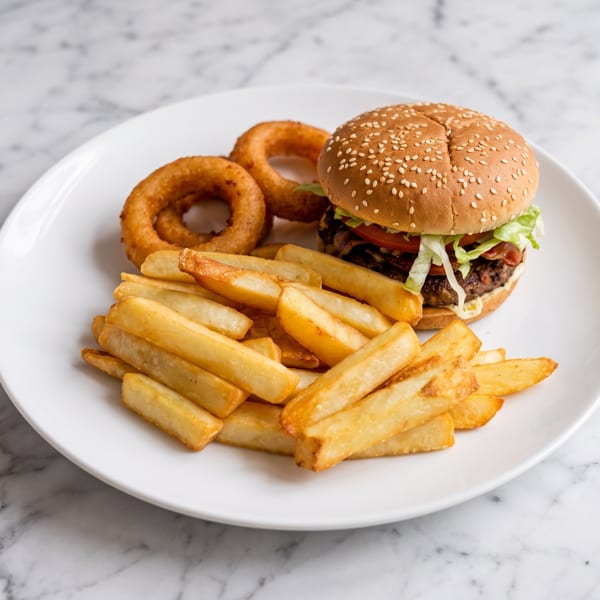 A hamburger with lettuce, tomato, and bacon, served with golden fries and onion rings on a white plate.