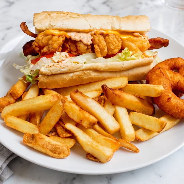 Fried shrimp po'boy sandwich with lettuce, tomato, and sauce, served with fries and onion rings.